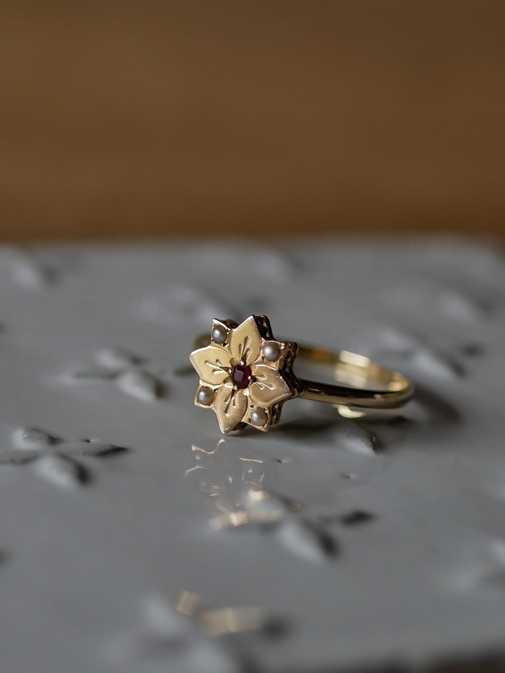 K18 ナポレオン三世 ルビー&シードパールのアンティークリング フランスアンティーク