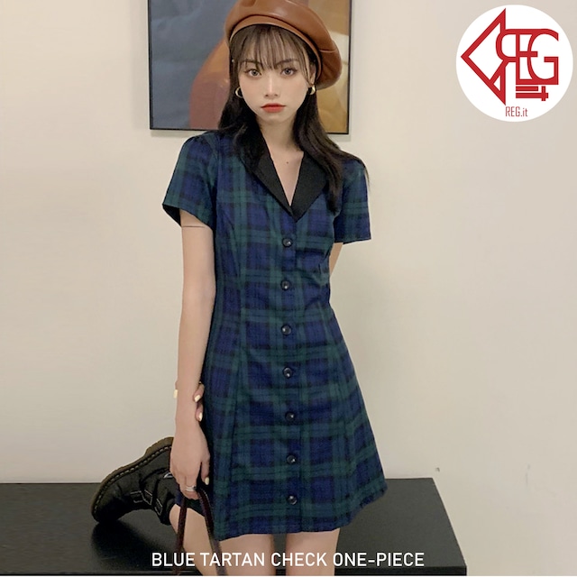 【REGIT】BLUE TARTAN CHECK ONE-PIECE S/S 韓国ファッション ワンピース ミニ ひざ上 タータンチェック 個性的 半袖 大人かわいい 10代 20代 着映え ネット通販 TAC015