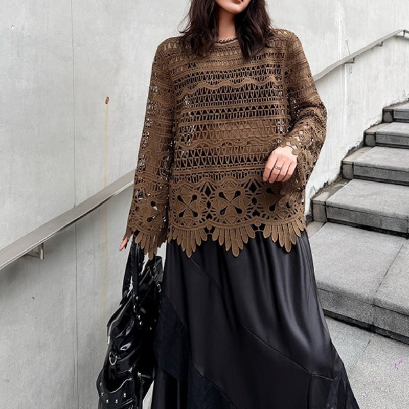 長袖 透かし編み クルーネック カットソー 2color PU0499