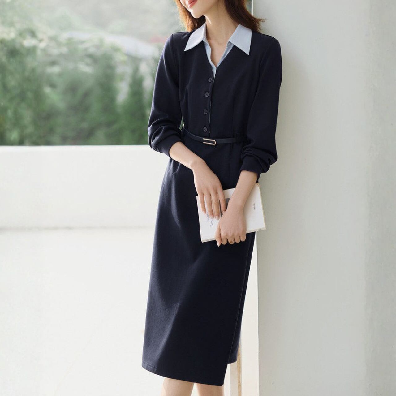 ボタンフロント ミモレ丈 シャツワンピース K1188