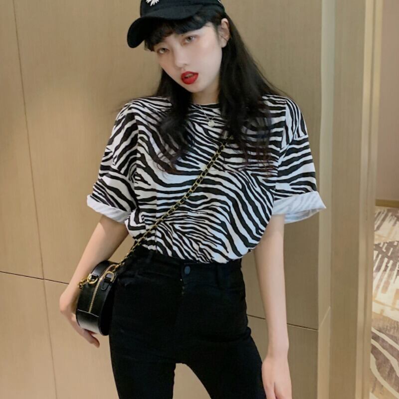 2020年夏新作センスゼブラプリント半袖Tシャツレディースエインスタイルルーズボトミングシャツ人気服 1号婦人11404171549