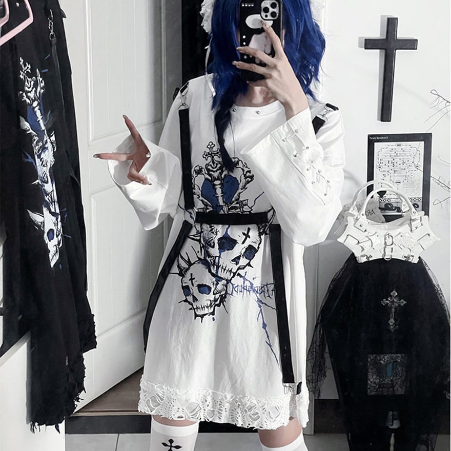 パンク 推し活 ライブ 長袖 Tシャツ スカル プリント Y2Kファッション