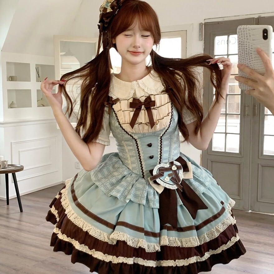 甘ロリ チョコミント配色 小帽子付きジャンパースカート（バック