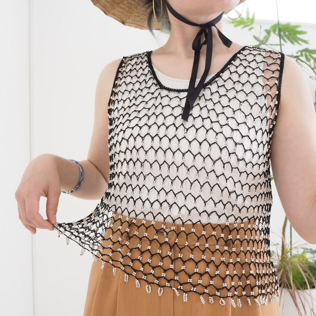 ヴィンテージビーズ　ブラック　ビスチェ　ベスト Vintage beads ＆ crochet black vest/ヴィンテージ ビーズ