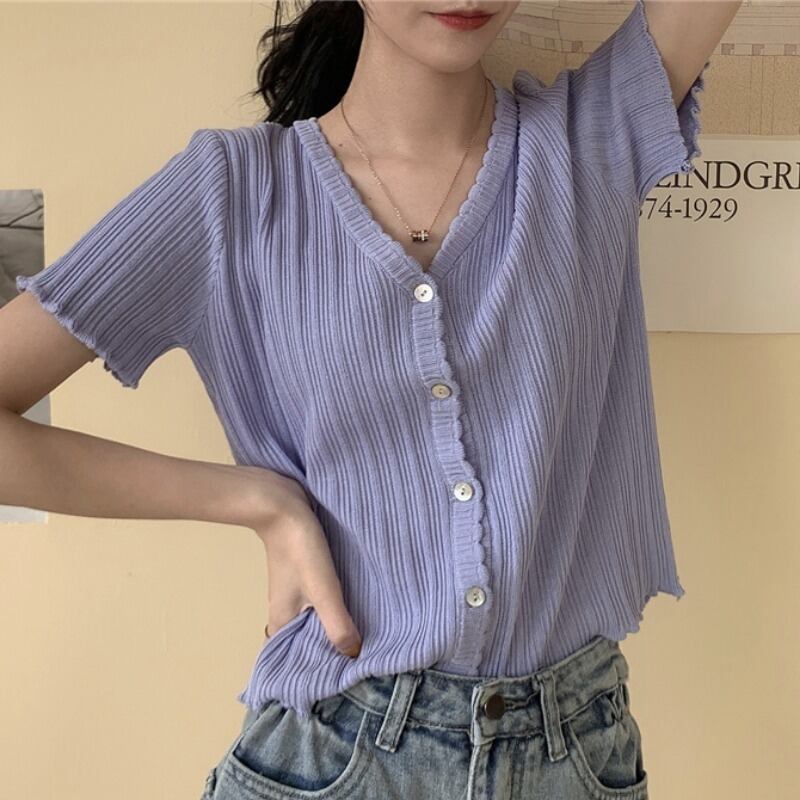 アウターニットセーターレディース2020夏新作薄半袖パープルフレンチトップスチューデントVネックショートカーディガン 1号婦人90331412763