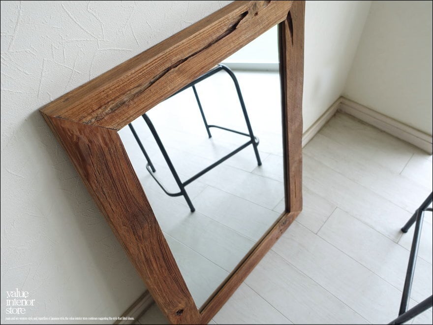 古材 鏡 壁掛けミラー オールドチークフレームミラー壁掛80/A07 レトロ
