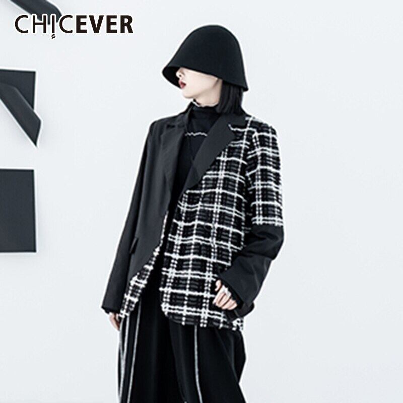 CHICEVERブラックチェック柄ブレザーレディースパッチワークヒットカラールーズストリートウェアコート2020秋 オータム 秋物 6base593971180174
