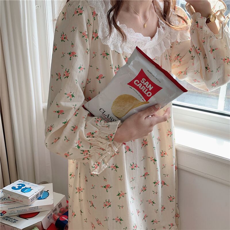 コットンルームウェア 全2色 ホームウェア ワンピース 部屋着 パジャマ 長袖 花柄 レディース 人気 安い 韓国ファッション 可愛い 快適 9702 A Sinsakumall