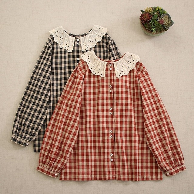 フリルレース襟チェック柄ブラウス W0877