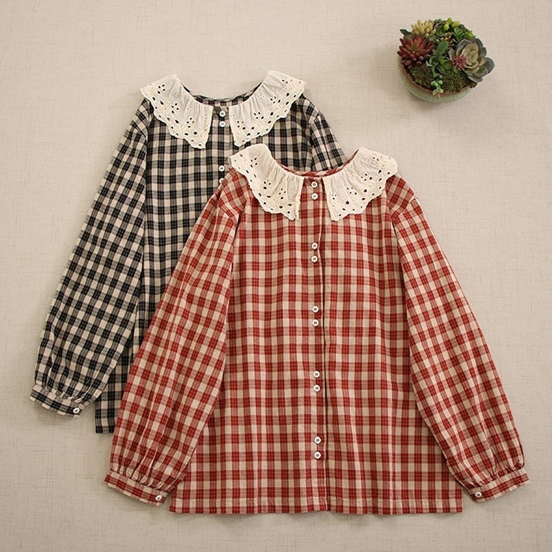 フリルレース襟チェック柄ブラウス W0877