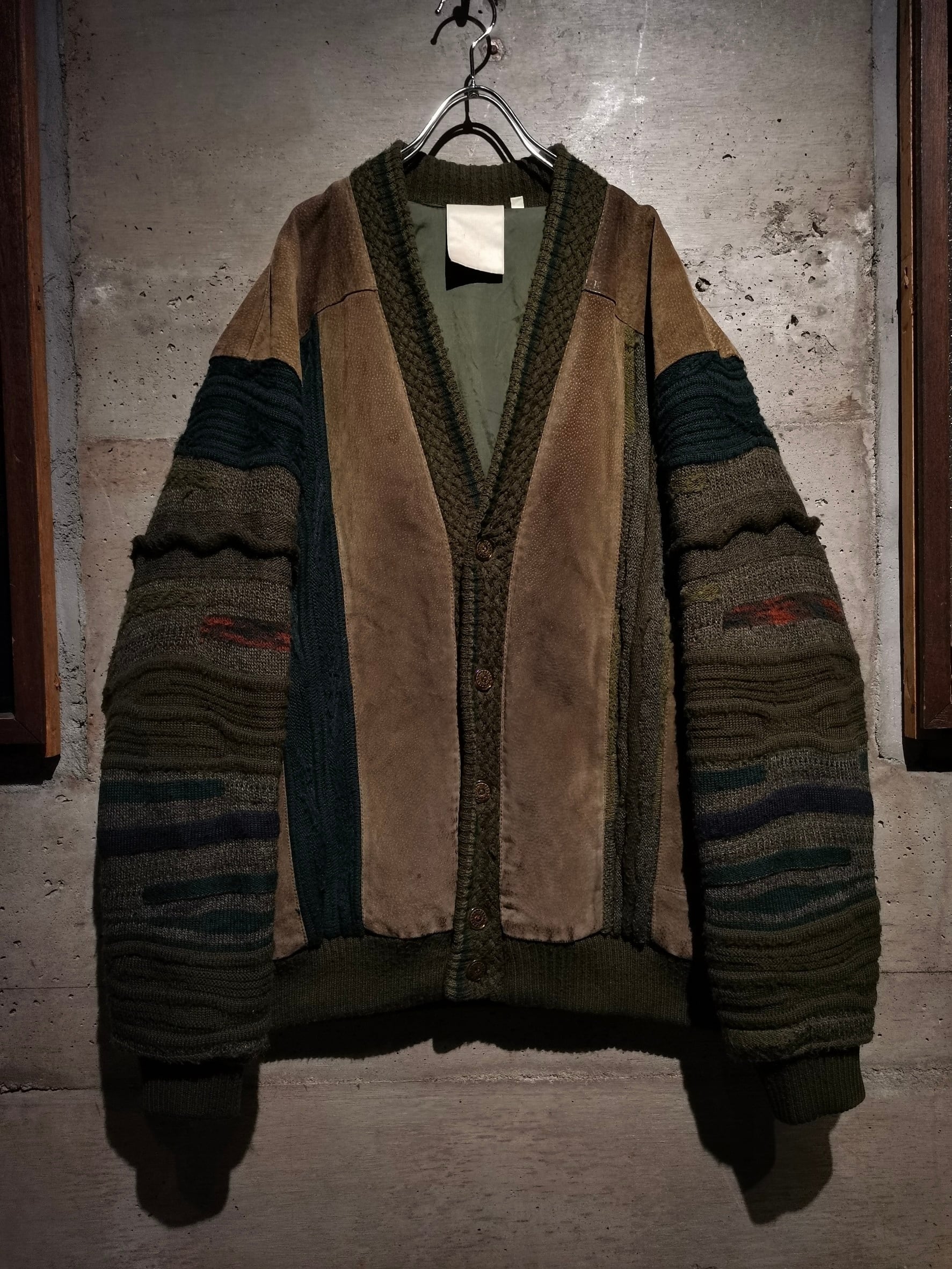 【Caka】Suede Leather Switching Vintage Loose 3D Knit Cardigan