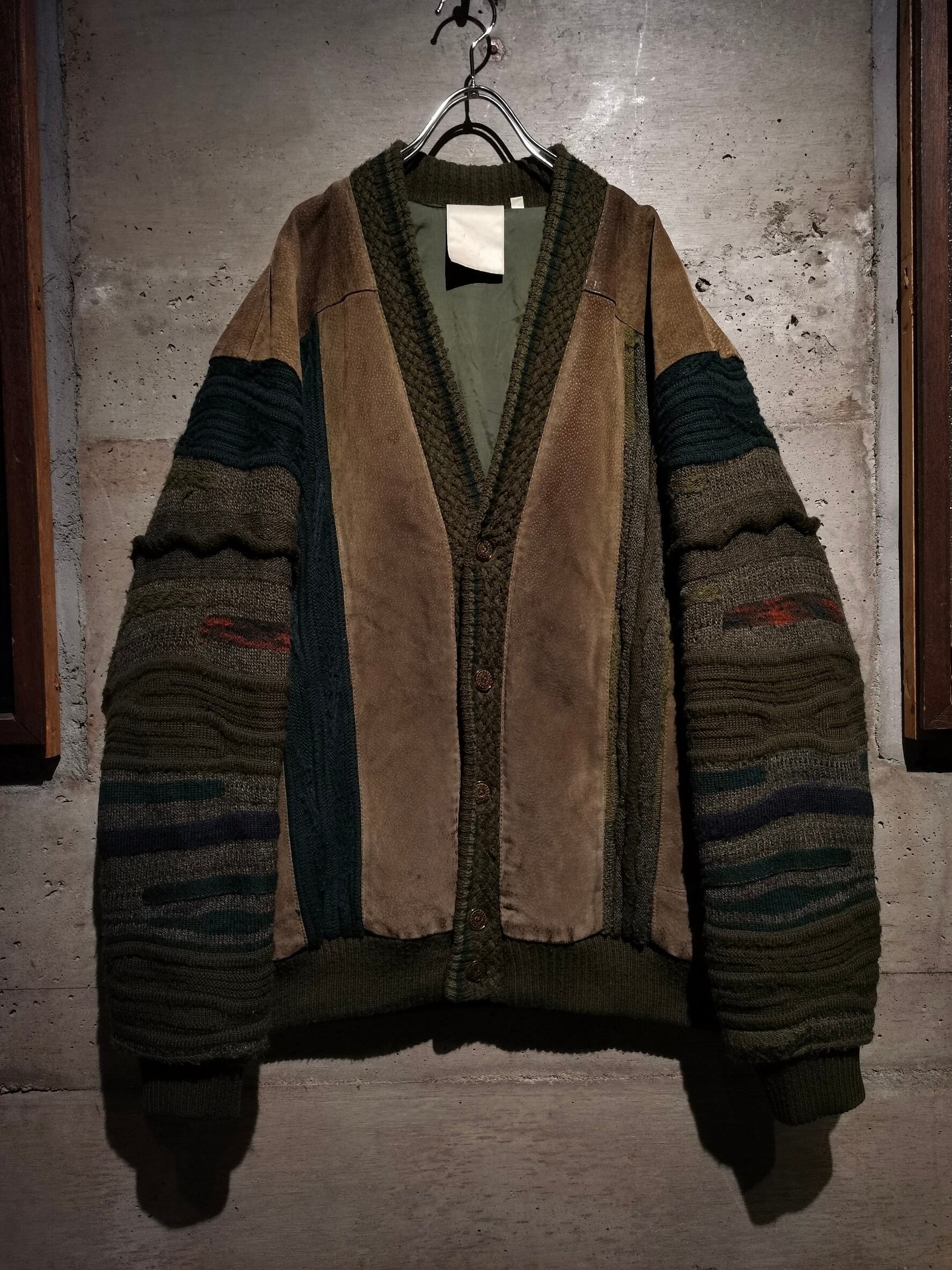 Caka】Suede Leather Switching Vintage Loose 3D Knit Cardigan 