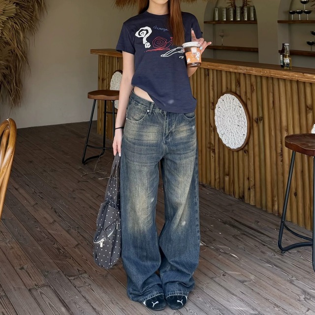 ユーズドウォッシュバックレターグラフィックデニムパンツ 1col R02642
