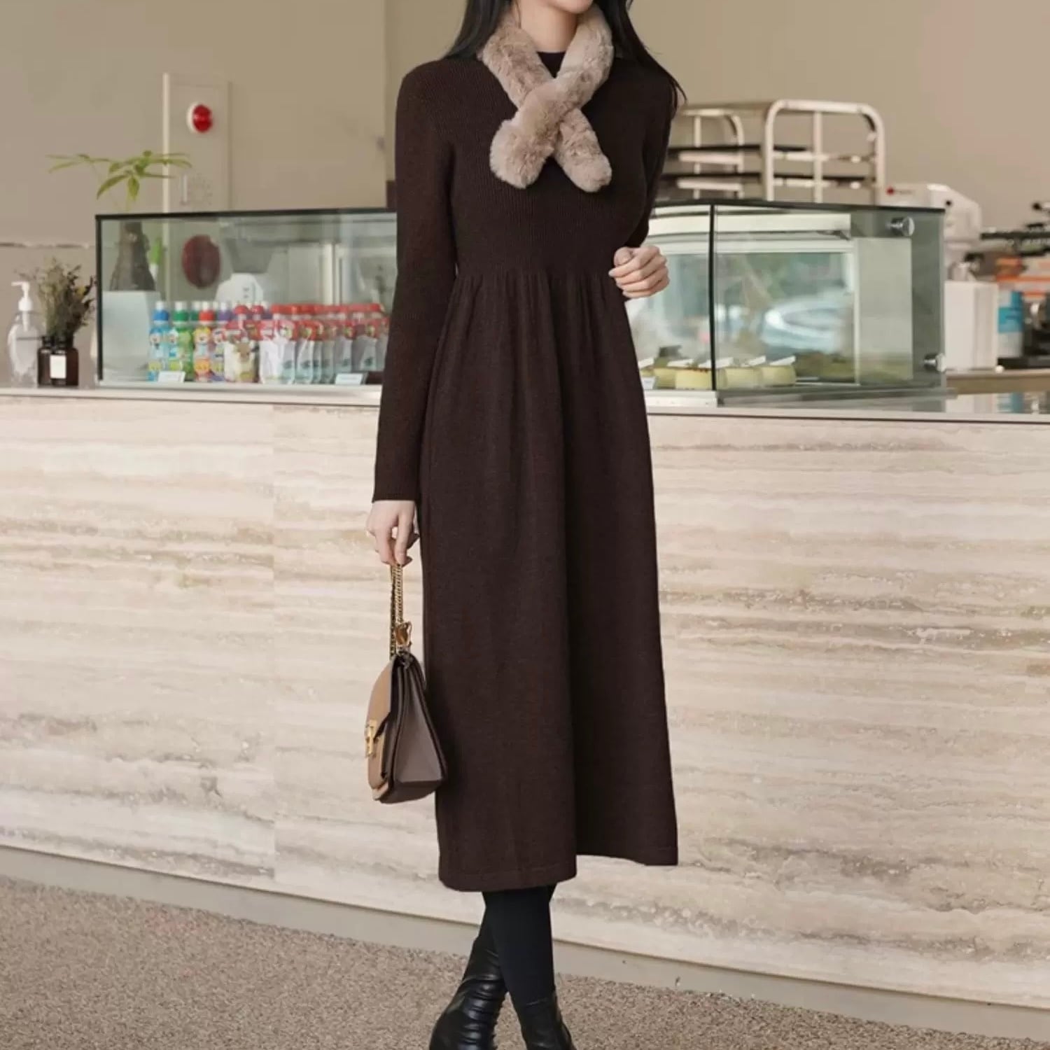 ロング丈 ゆったりスリム見え 長袖ニットワンピース ◆3col YH8832