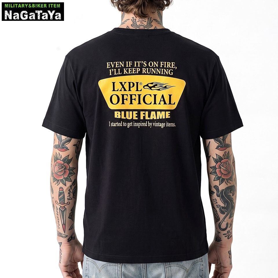LXPL BLUE FLAME Tシャツ メンズ 半袖 ブラック 黒 バックプリント