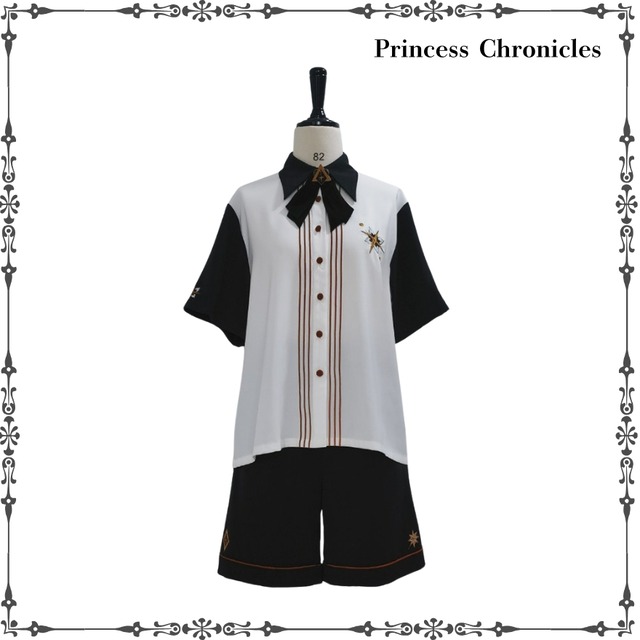 星詠み学寮の制服風 紋章モチーフと配色リボンタイ付き王子系半袖シャツ