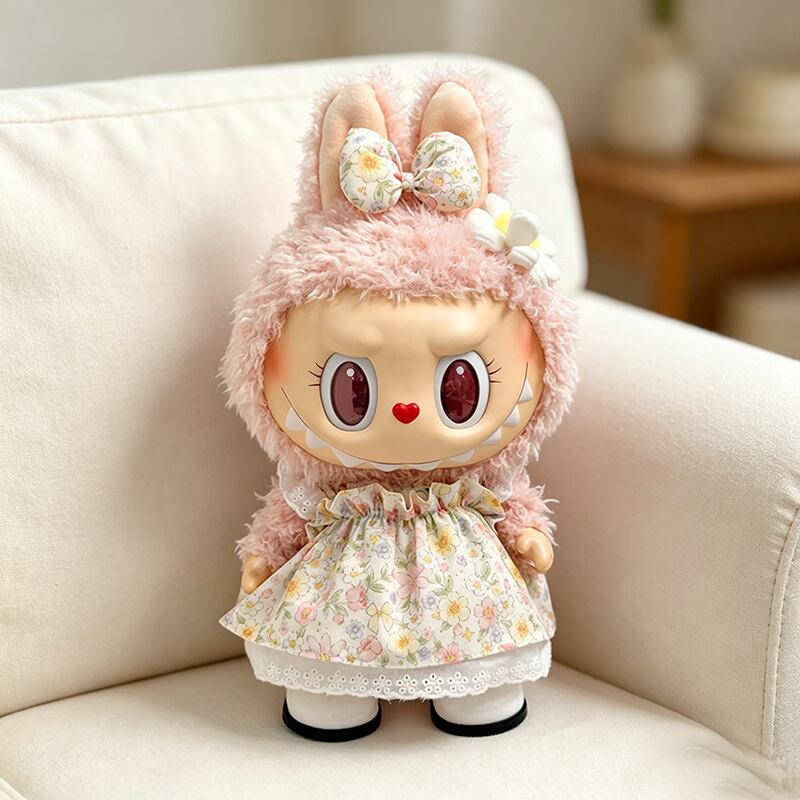 38cm Labubu対応 春夏 ブルー/花柄 ワンピース＋ヘアアクセサリー