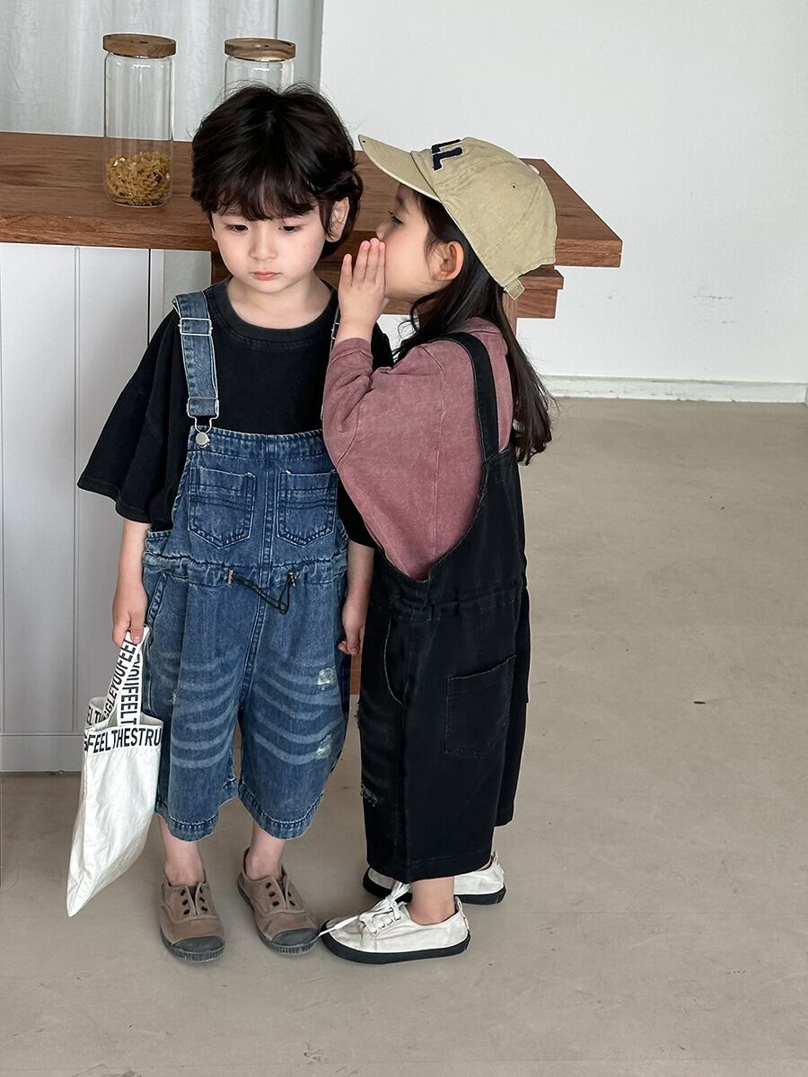 ダメージ加工デニムオーバーオール（2色展開）JIAY｜サロペット 半端丈