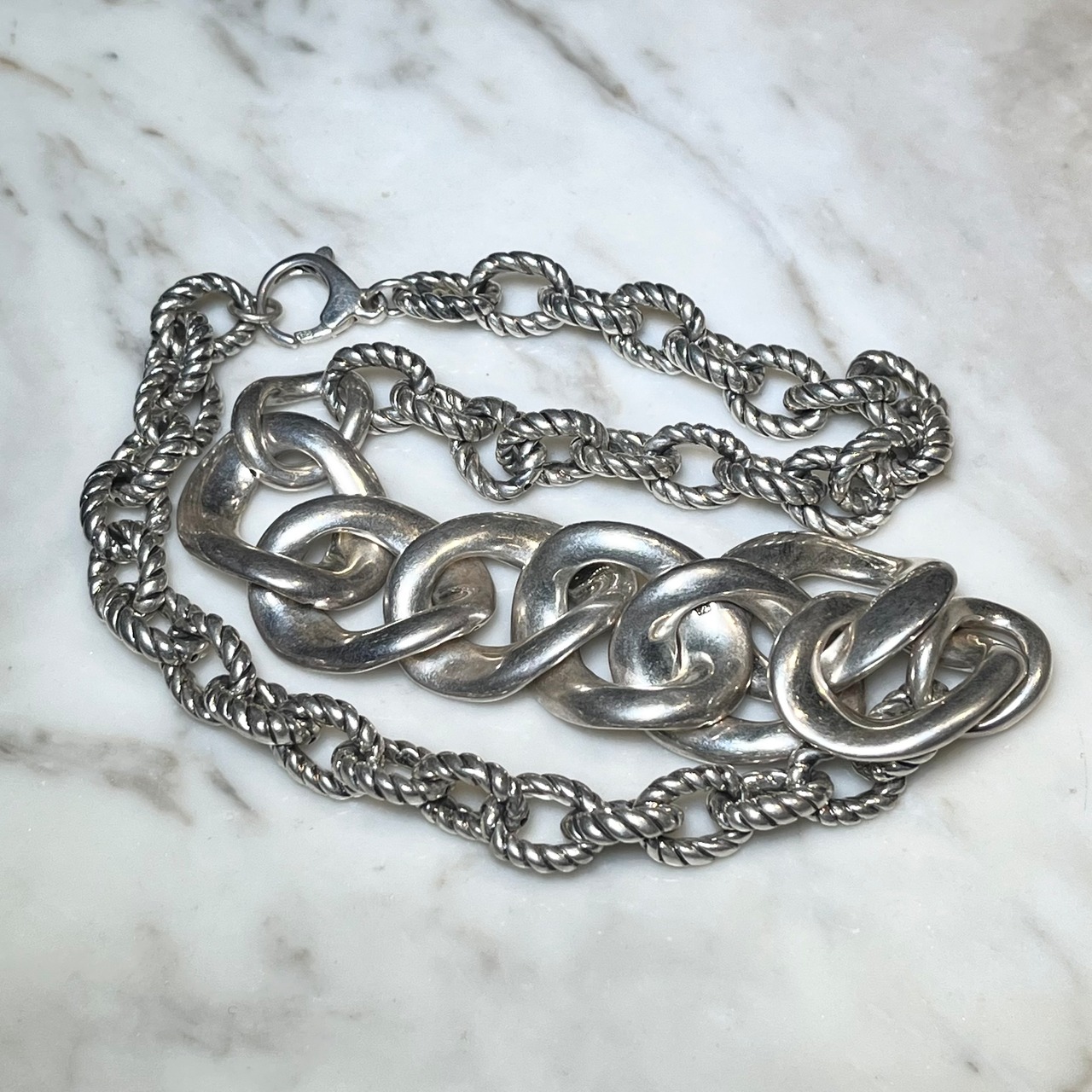 vintage silver twist × flat link chain necklace