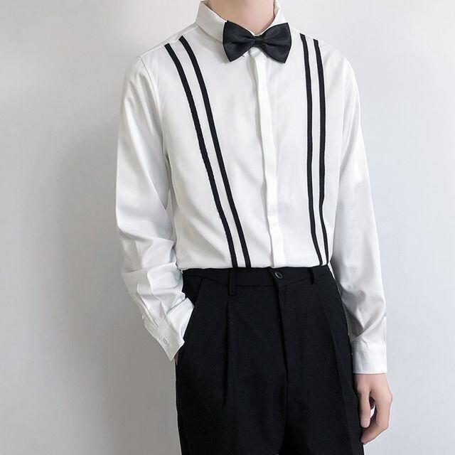 【予約販売】シャツ 長袖 メンズ 蝶ネクタイ ホワイト モノトーン シック こなれ感 お洒落 パーティー エレガント 韓国 トレンド 春 S/M/L/XL/2XL/3XL/4XL/5XL