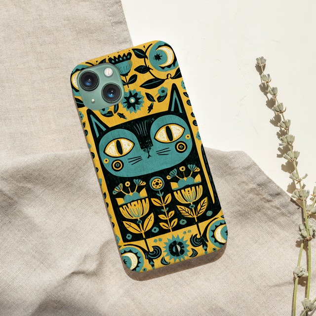 受注生産 iPhoneケース 黒猫と目の民芸シンボル｜猫モチーフ PSYF016A
