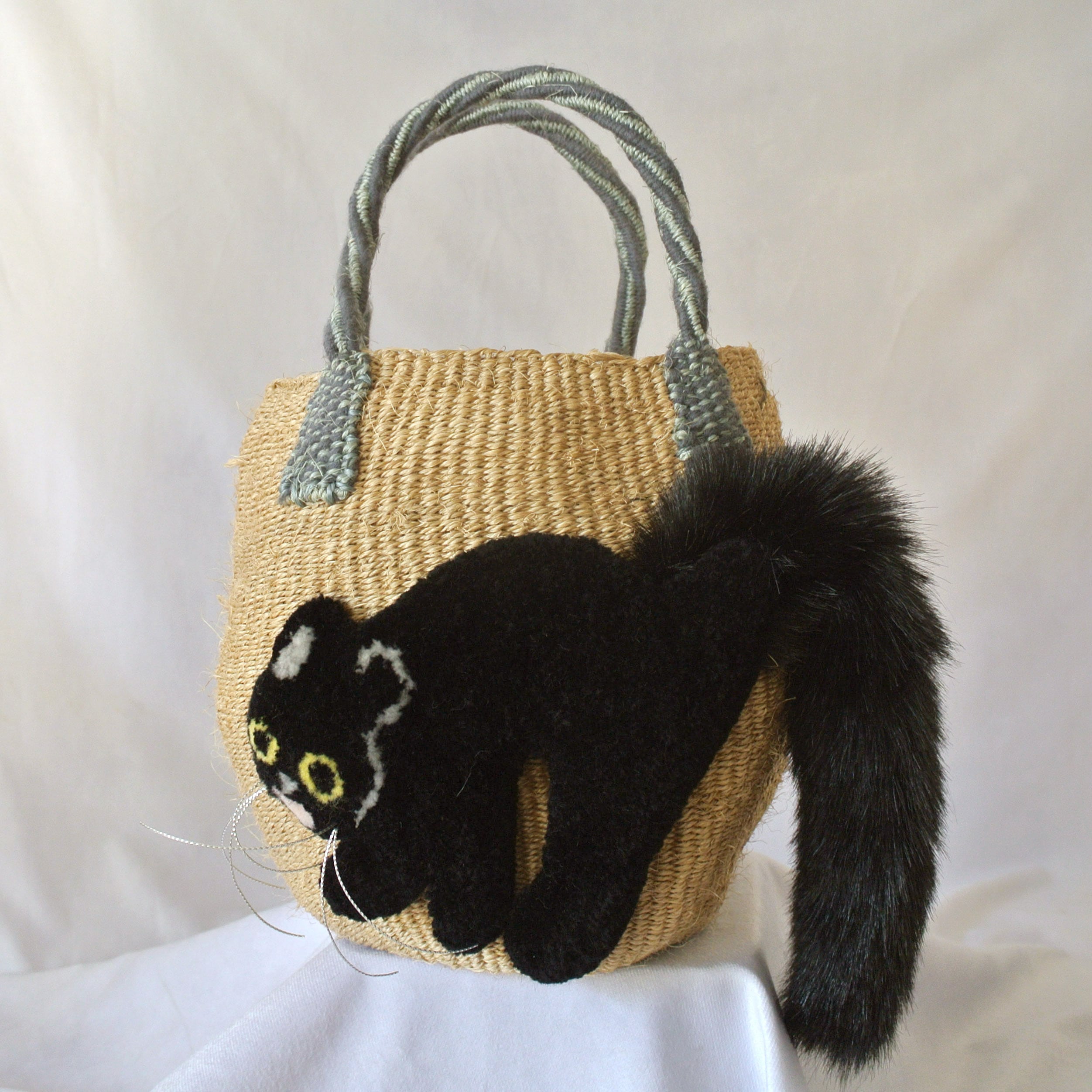 モコモコねこカゴバッグ  サイザルVer.　ブラック