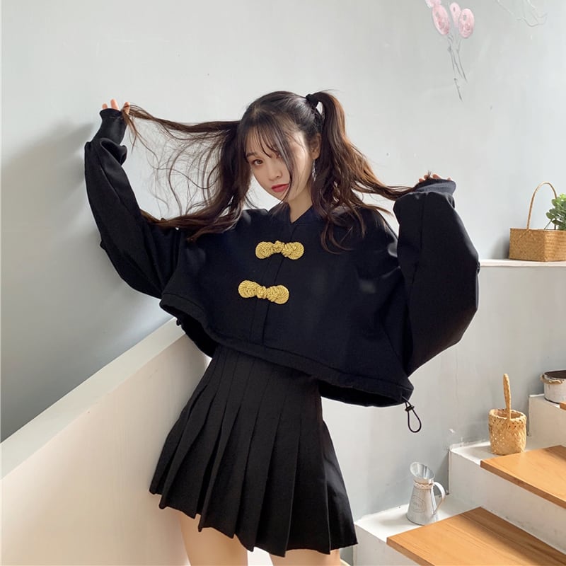 チャイナ風トップス シャツ パーカー 中華服 民族風 長袖 ショート丈 可愛い ブラック 黒い Elegant