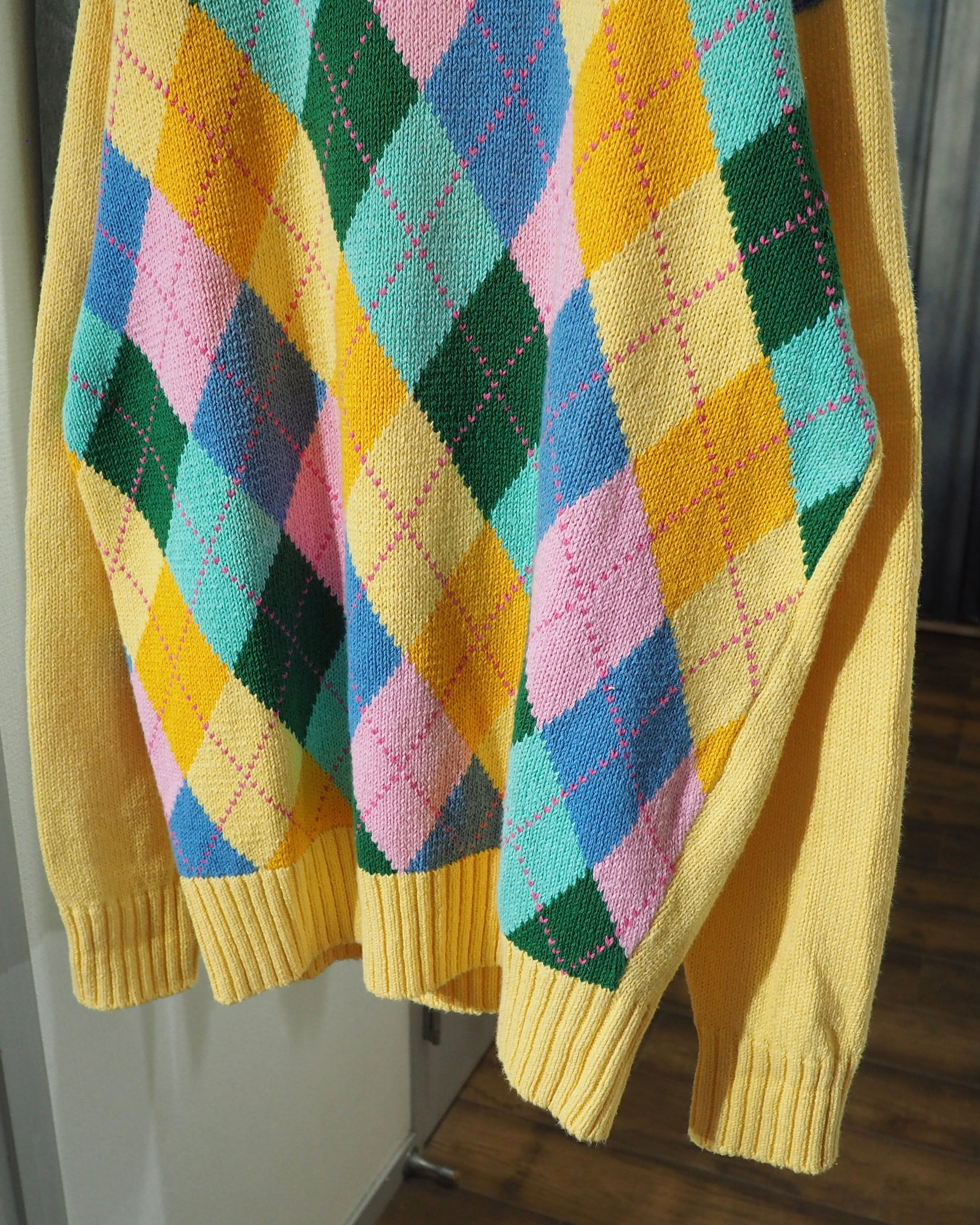 1990s ” Fine Cotton ” Colorful Pastel Argyle Pattern Vintage Knit