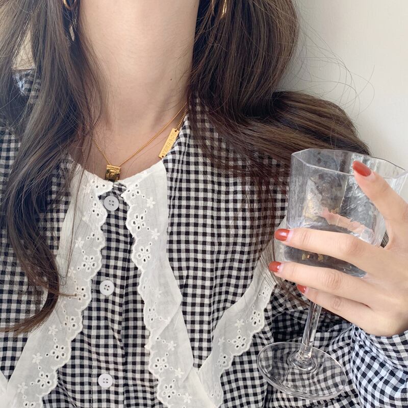スタンダードレースカラーシャツ 格子柄長袖スリーブトップス レディース ロング レトロ 大人ガーリー スウィート キュート カジュアル ステッチ ビッグFスモールZ韓国89364294377