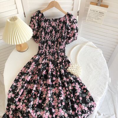 【新作】【送料無料】 2022 春夏の新スタイルレトロホリデースタイルのワンラインカラー花柄半袖ウエスト痩身ミッドレングスドレス女性のための 0239799708354