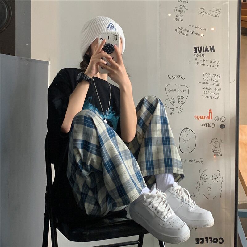 格子柄パンツ サマー薄手ルーズハイウェストウェストワイドレッグスプリングオータム ストリート 春物 夏物 秋物 ワイドパンツ YY-ファッション66446840802