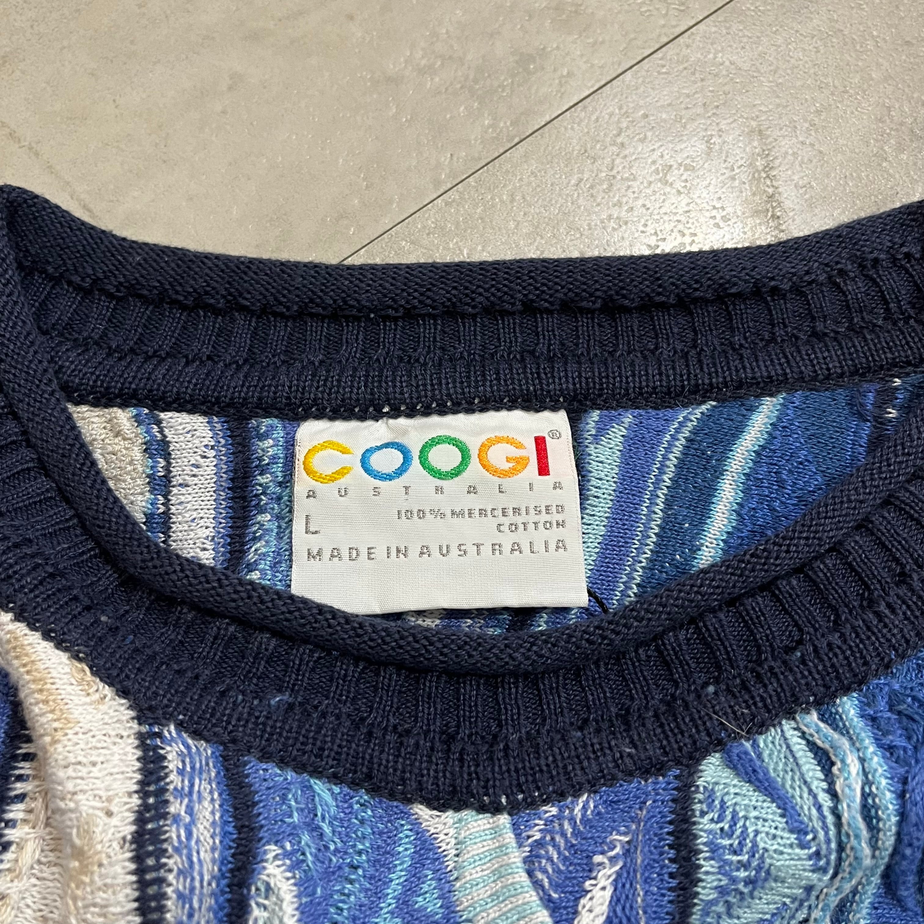 90年代〜 size : L【 COOGI 】クージー 3Dニット コットンニット ニット セーター マルチカラー 青系 ベージュ 古着 古着屋  高円寺 ビンテージ n40306