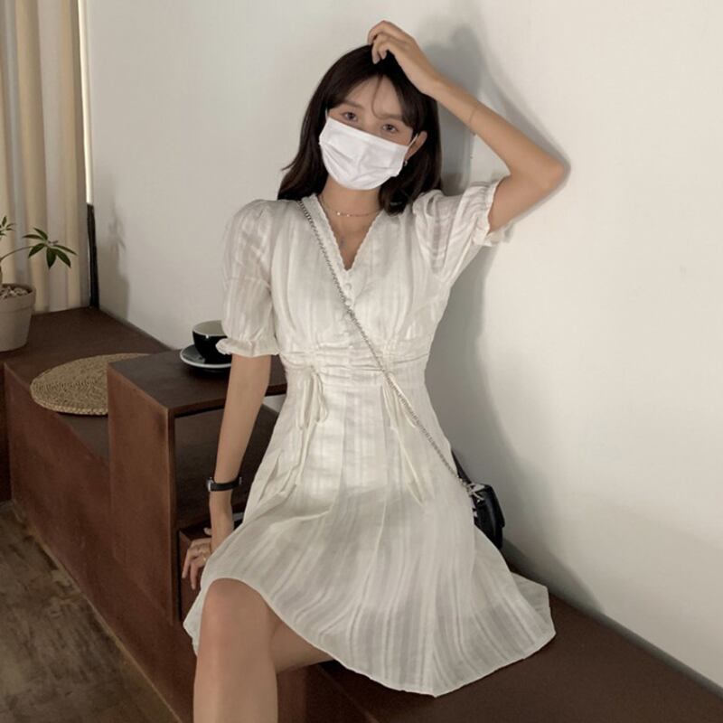 ギャザードレス サマーウェストVネックスカート プリーツホワイト 夏物 YY-ファッション31736301595