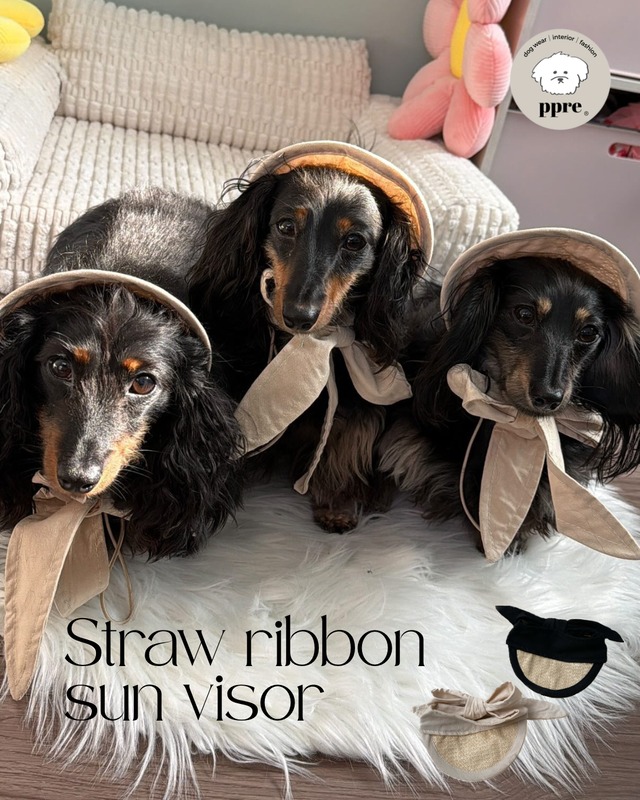 【M】ストローリボン サンバイザー 帽子 麦わら ナチュラル  犬 ペット 日除け