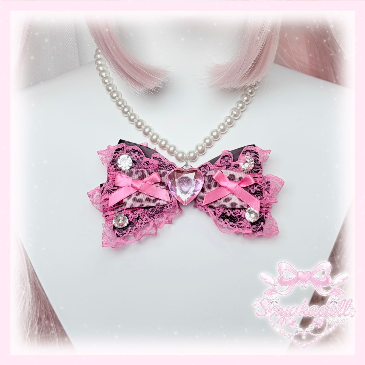 ♡ 姫GAL ヒョウ柄リボン ピンクフリルパールネックレス vivid pink×brown豹柄 ♡