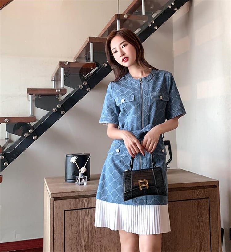 レトロ ワンビース 縫付 バンディング デニム ジッパー ラウンドネック 快適