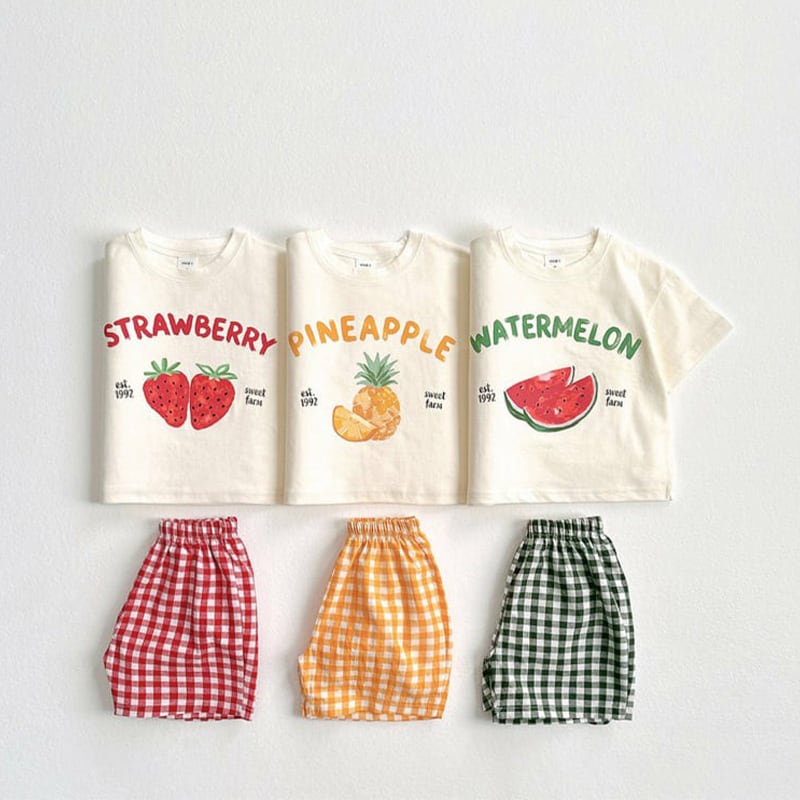 BURBERRY キッズ Tシャツ＆ショートパンツ セット BABY&KID】夏作フルーツプリントTシャツ＆チェックショートパンツ2点
