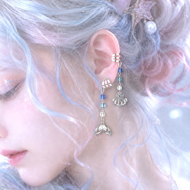 凍海のセレナーデ｜氷の海に響く歌声の姫のイヤーカフ／人魚姫 海 キュービックジルコニア セット イヤリング ノンホールピアス