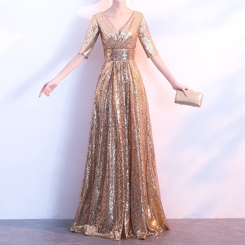イブニングドレス ロング マキシ丈 スパンコール ゴールド Vネック プリンセスライン ゴージャス パーティー　BADA0036