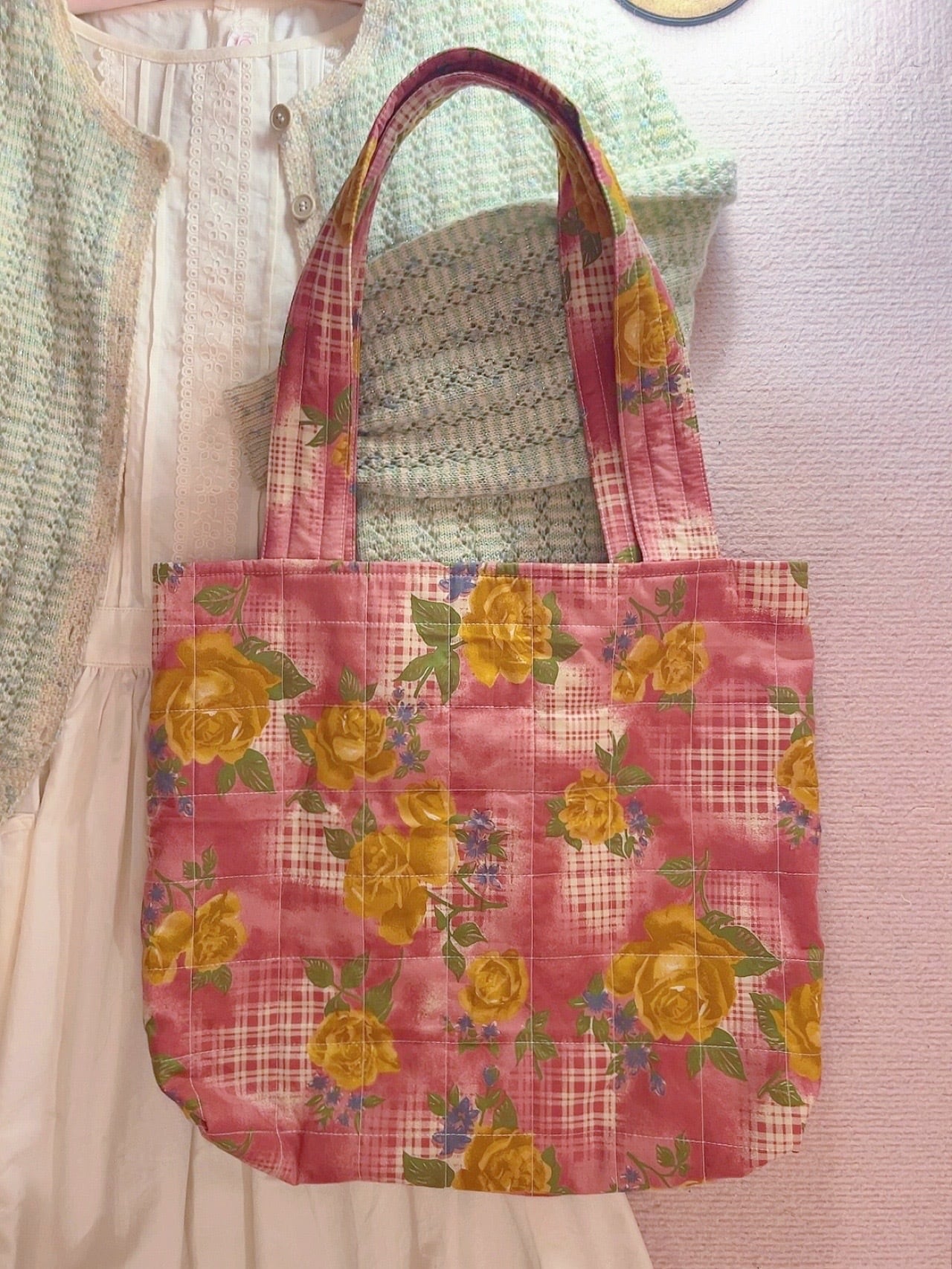 original / pink flower quilting tote bag