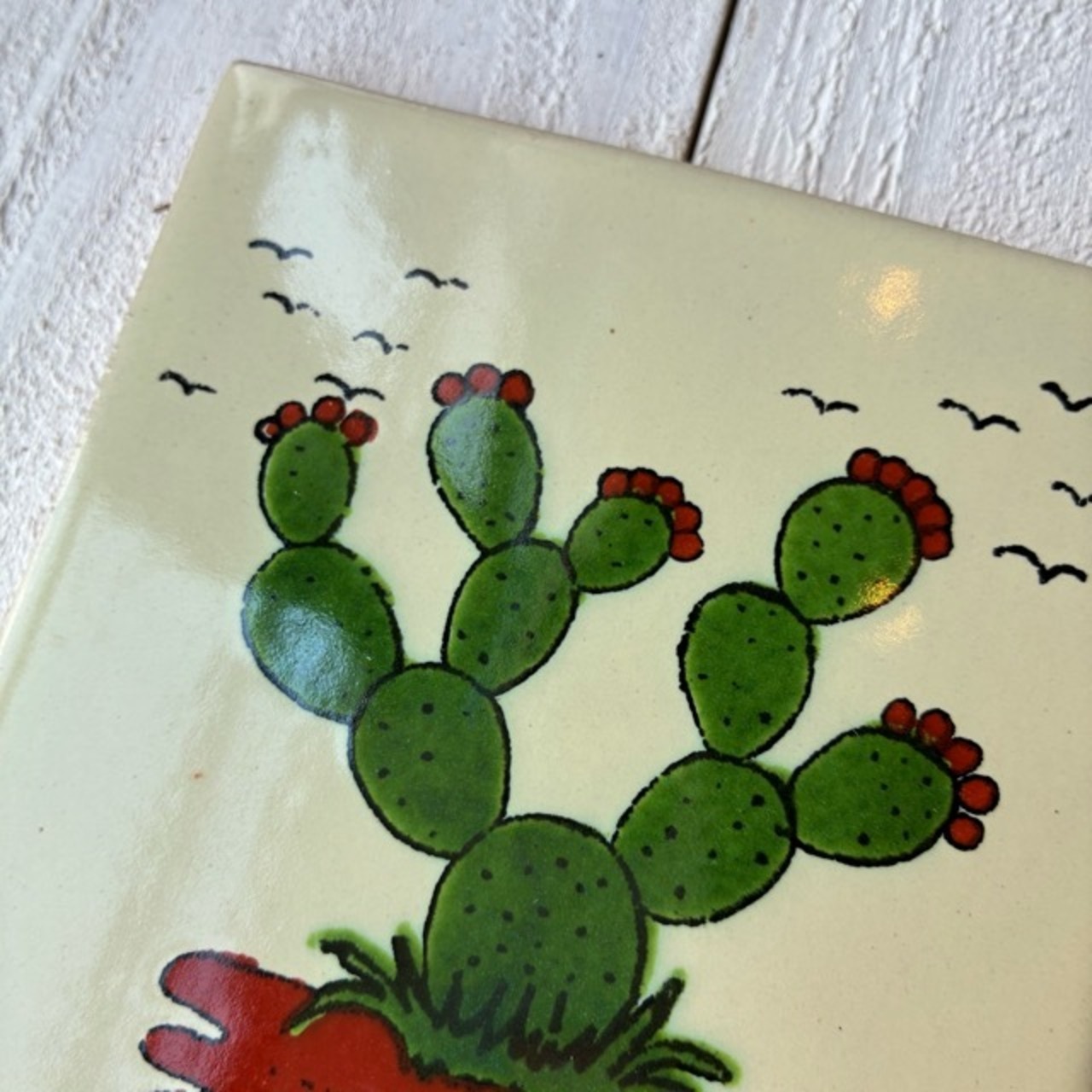 Mexico Talavera tile　メキシコタラベラタイル　W　サボテン　グリーン　ホワイト　10cm　コースター　鍋敷き　DIY　モザイクタイル　柄タイル　室内壁　室外壁　デザインタイル　レトロ　アートタイル　ハンドメイド