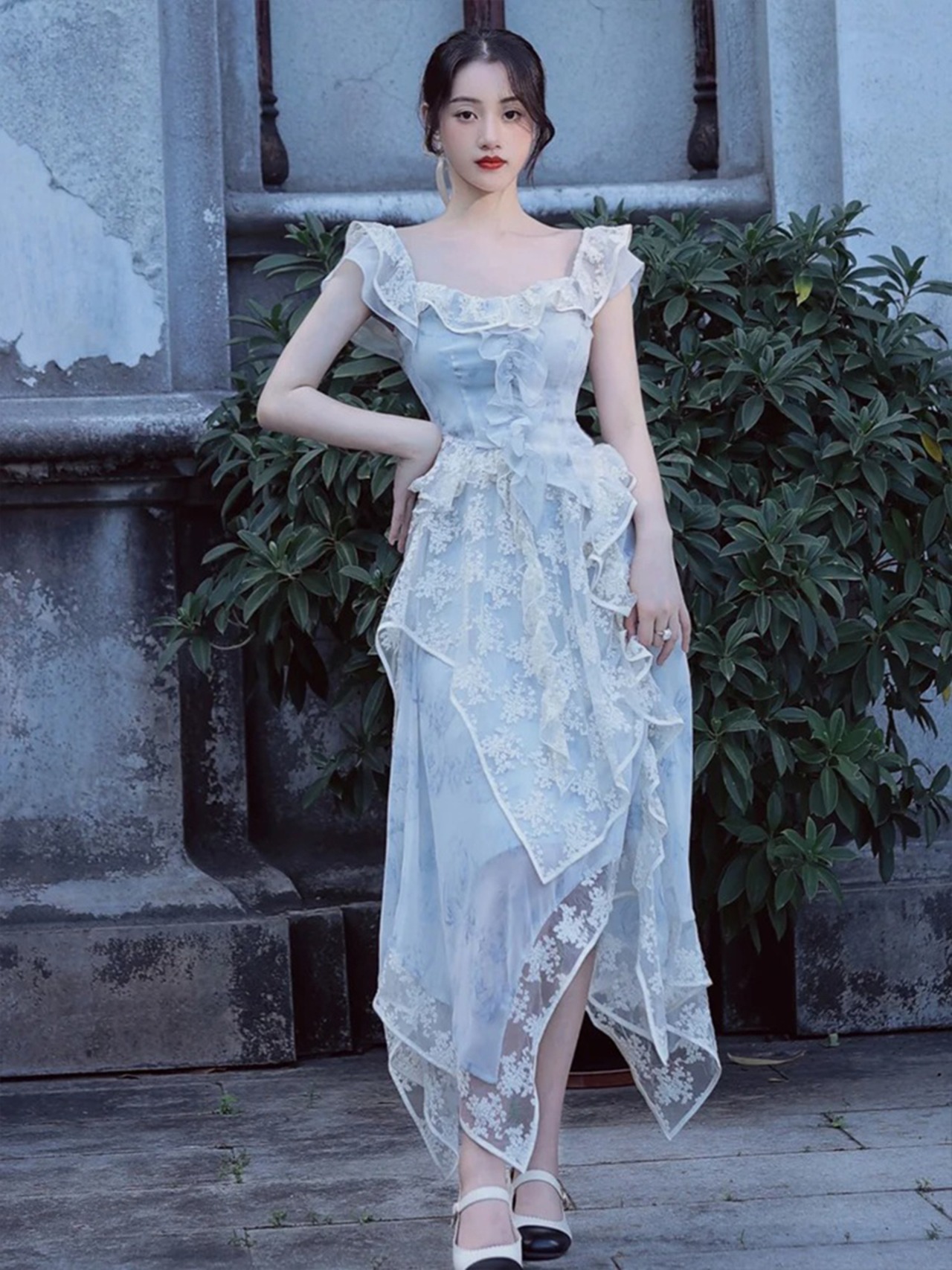 【0199】Flower Lace Frill Blue Short Sleeve 2 Piece Set