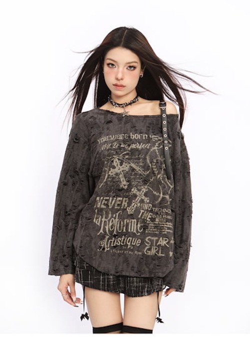 2024秋冬ワンショルダー ダメージ加工 トップス ストラップ tシャツ グラフィックプリント オーバーサイズ ロンt 長袖 韓国ファッション レディース