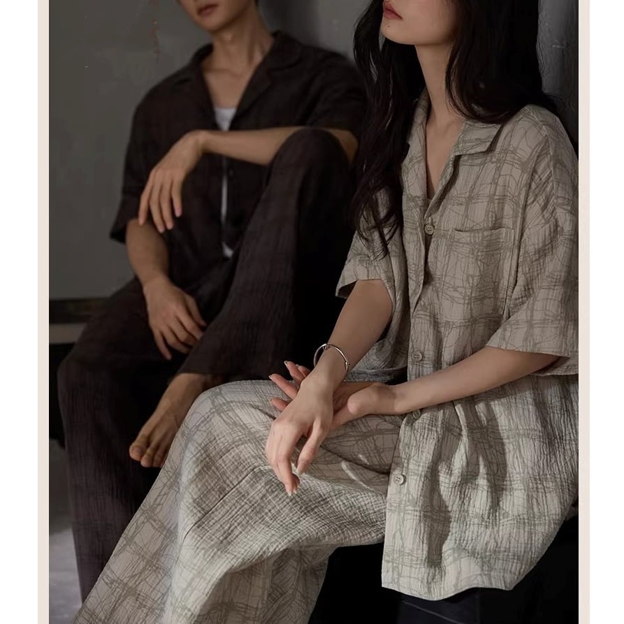 【L-2XL】men's double gauze stripe check pair pajamas p1649