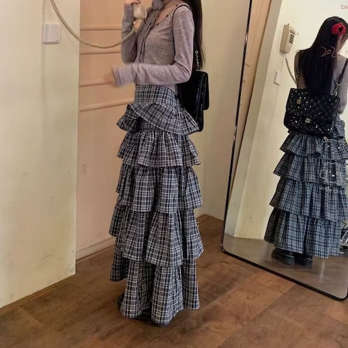 ロングスカート レディース フリル かわいい 大人 チェック Aライン ボリューム ガーリー 細見え ハイウエスト 総柄 英国風 ybh2054
