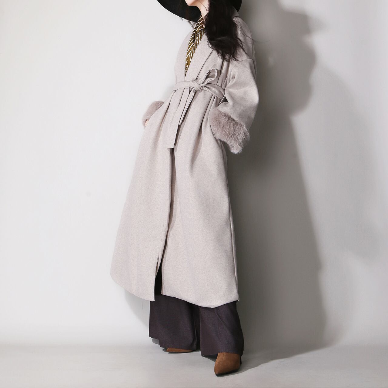 ファーカフスノーカラーコート 01195