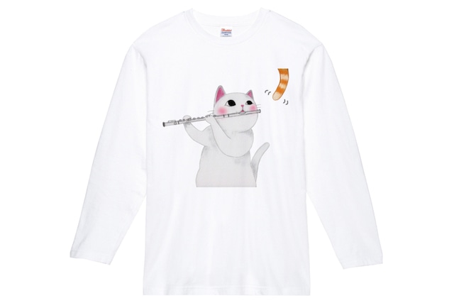 フルート猫の長袖Ｔシャツ(白)