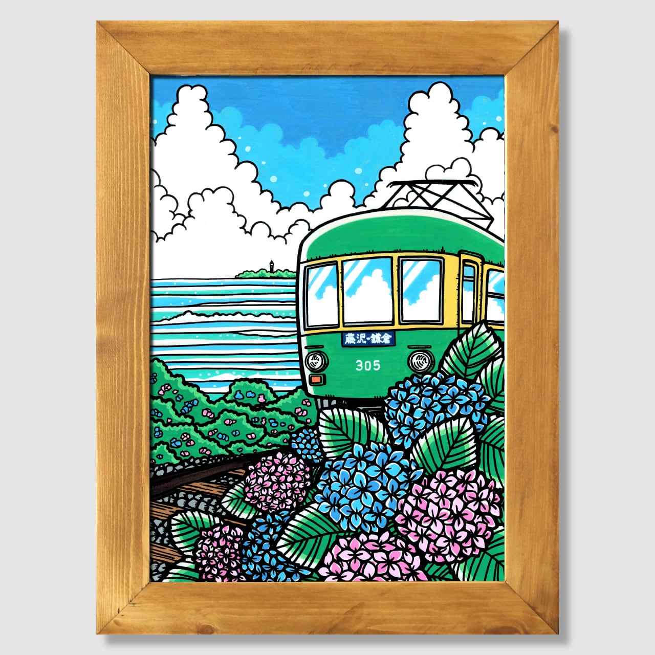 原画】Wood Panel A3 Size（江ノ電と紫陽花）with Frame | TAMO ART