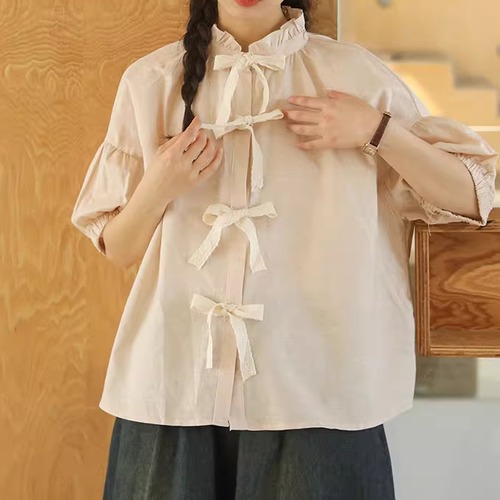 2色／センターレースリボンブラウス ・7104