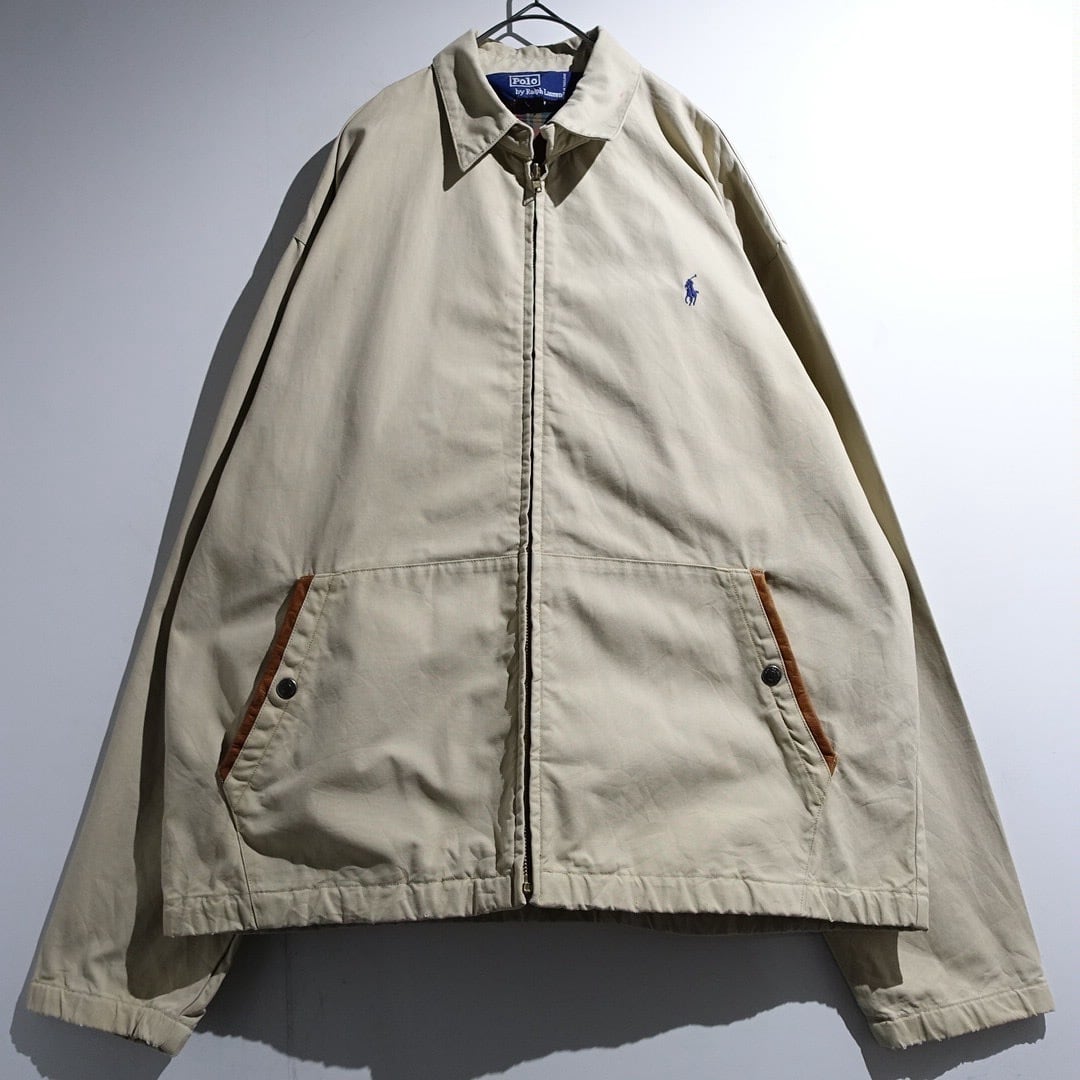90s "Ralph Lauren" Beige Logo Leather Piping Design Swing Top Blouson
